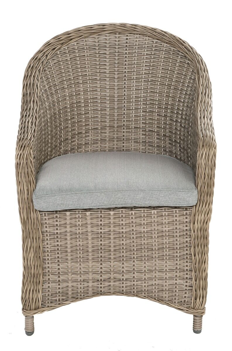 FOTEL OBIADOWY z beżowego ekorattanu, szara poduszka, klasyczny, zestaw ogrodowy OM009-1