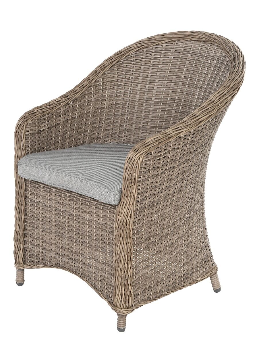 FOTEL OBIADOWY z beżowego ekorattanu, szara poduszka, klasyczny, zestaw ogrodowy OM009-2