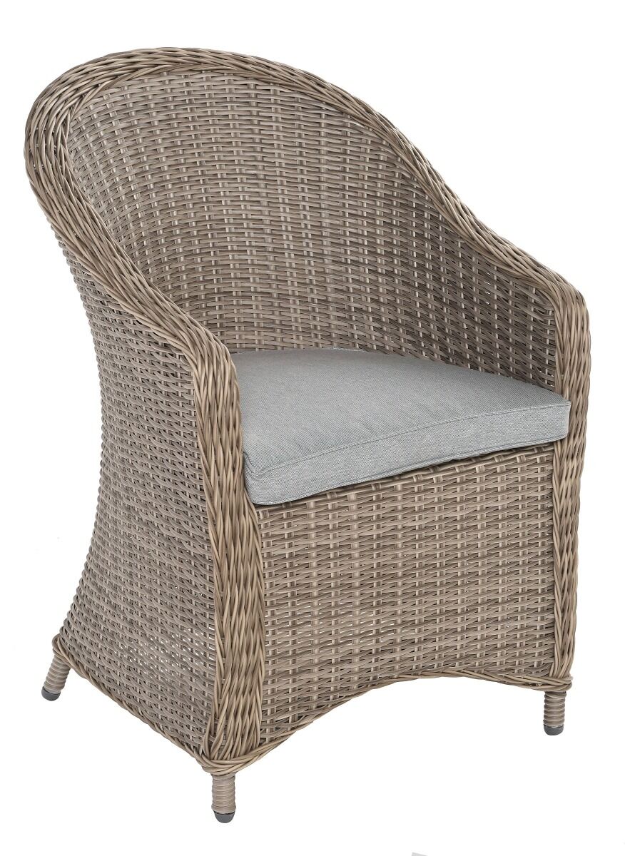 FOTEL OBIADOWY z beżowego ekorattanu, szara poduszka, klasyczny, zestaw ogrodowy OM009-3