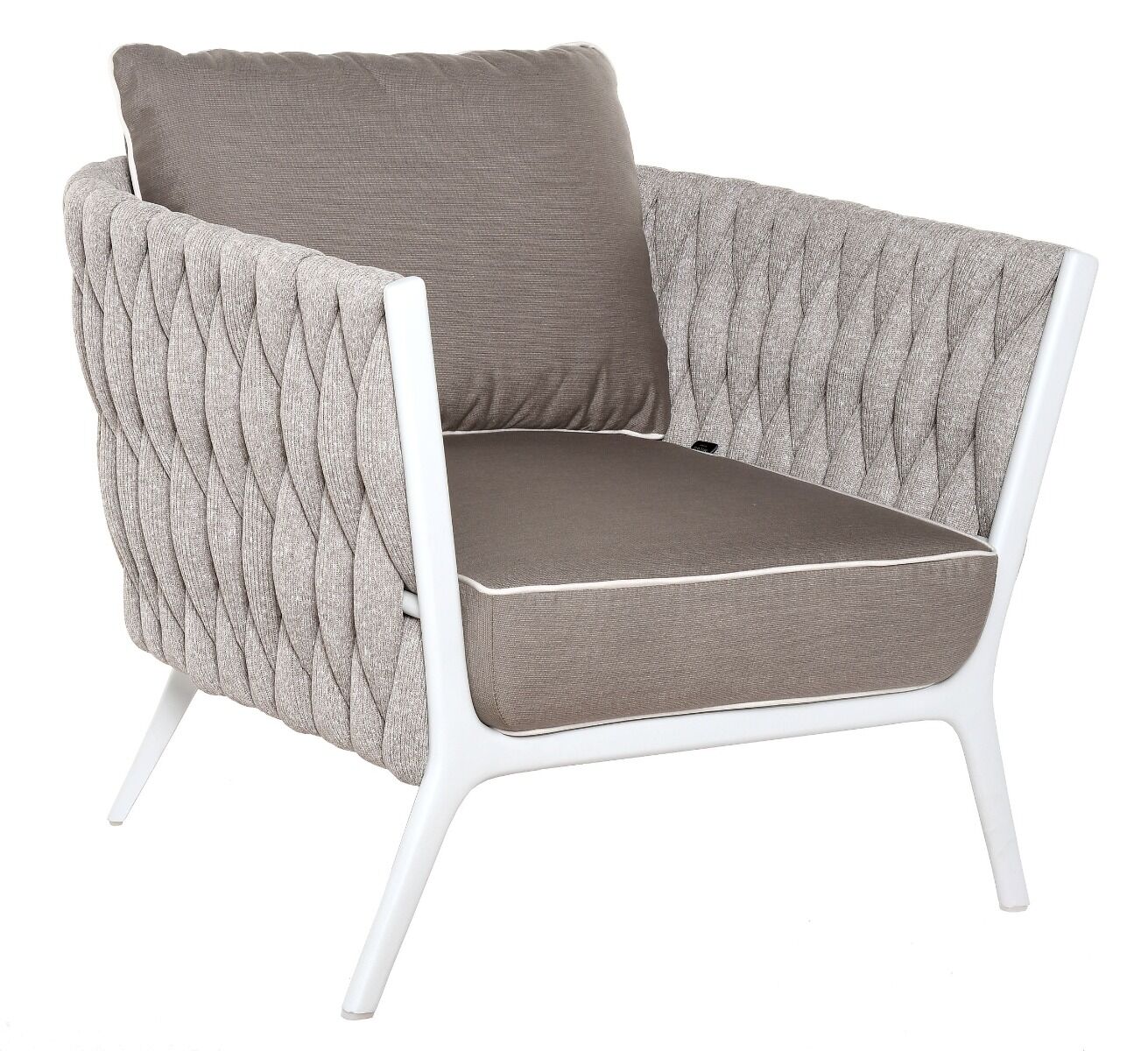 FOTEL OGRODOWY biały stelaż, tkanina Sunbrella taupe, nowoczesny wygląd, zestaw OM011, do ogrodu