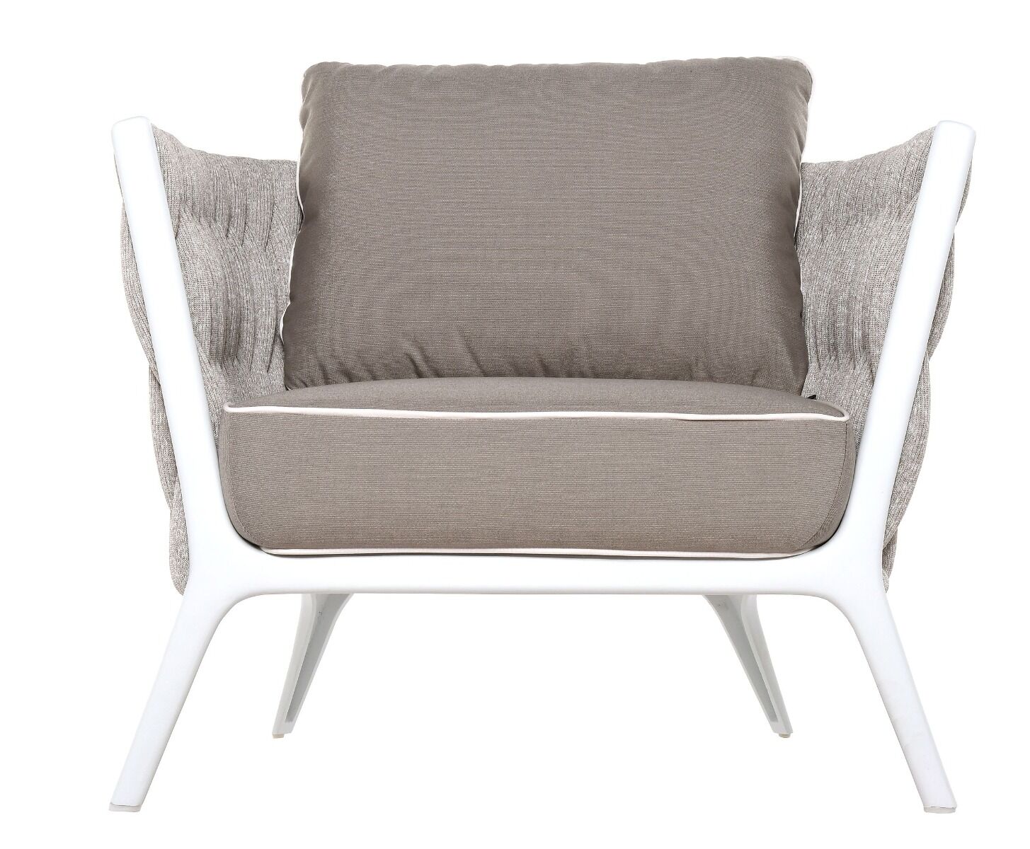 FOTEL OGRODOWY biały stelaż, tkanina Sunbrella taupe, nowoczesny wygląd, zestaw OM011, ekskluzywny