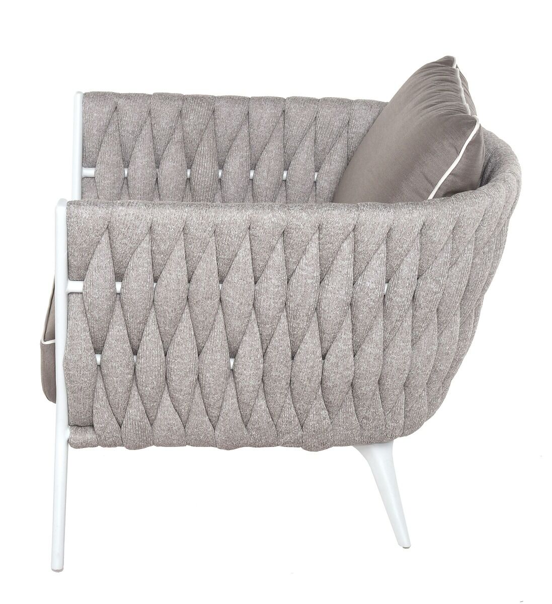 FOTEL OGRODOWY biały stelaż, tkanina Sunbrella taupe, nowoczesny wygląd, zestaw OM011, na patio
