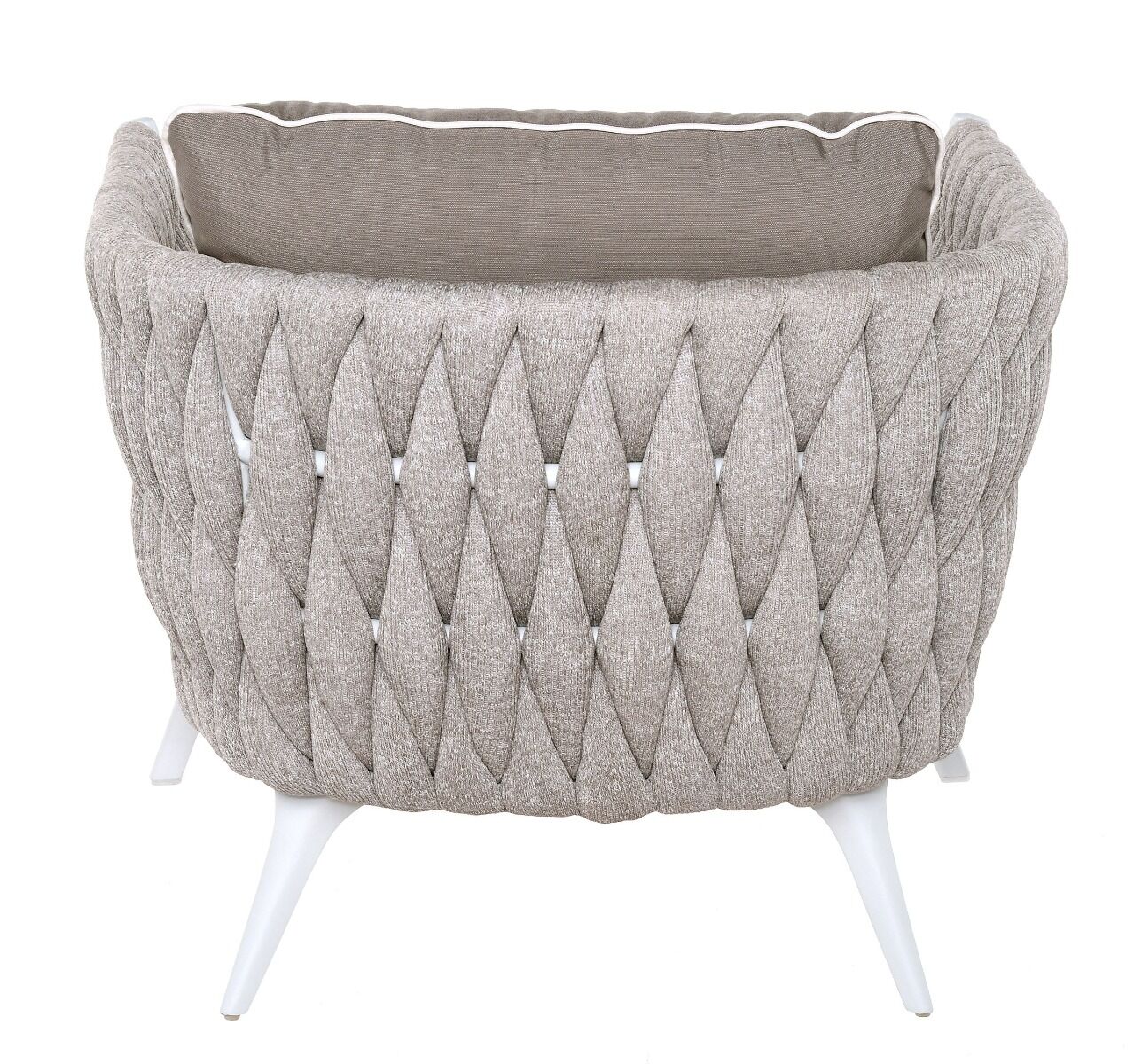 FOTEL OGRODOWY biały stelaż, tkanina Sunbrella taupe, nowoczesny wygląd, zestaw OM011, na taras