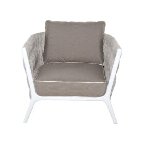 FOTEL OGRODOWY biały stelaż, tkanina Sunbrella taupe, nowoczesny wygląd, zestaw OM011