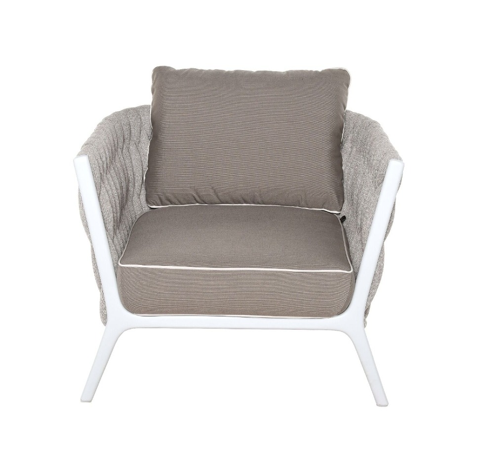 FOTEL OGRODOWY biały stelaż, tkanina Sunbrella taupe, nowoczesny wygląd, zestaw OM011