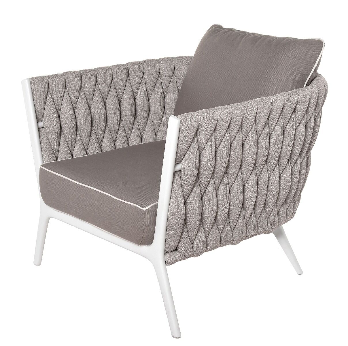 FOTEL OGRODOWY biały stelaż, tkanina Sunbrella taupe, nowoczesny wygląd, zestaw OM011, wyjątkowy