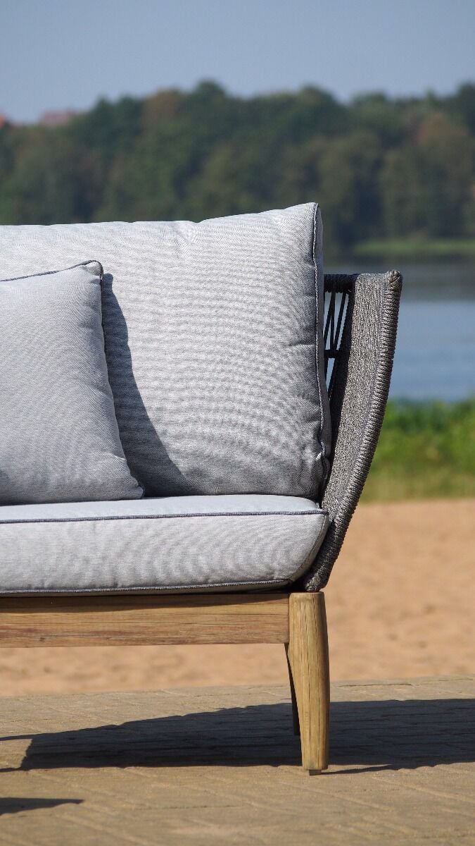 FOTEL OGRODOWY na drewnianej podstawie, oparcie z szarego sznurka, styl boho, zestaw ogrodowy OM003-2