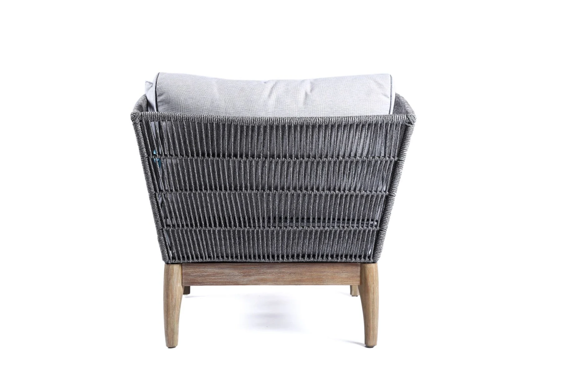 FOTEL OGRODOWY na drewnianej podstawie, oparcie z szarego sznurka, styl boho, zestaw ogrodowy OM003-3