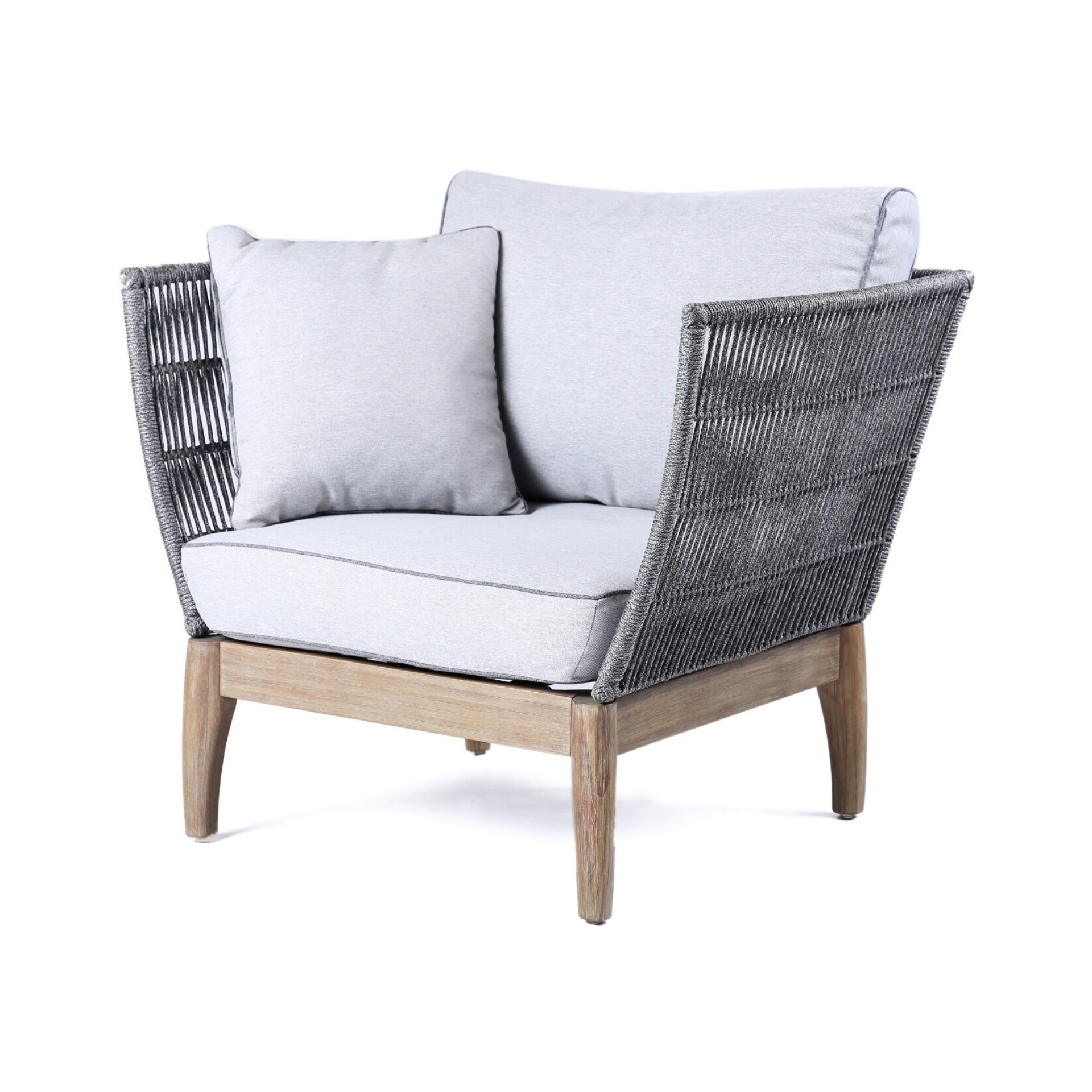 FOTEL OGRODOWY na drewnianej podstawie, oparcie z szarego sznurka, styl boho, zestaw ogrodowy OM003