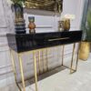 KONSOLA Naomi z dwiema szufladami, czarny połyskujący blat, złoty stelaż, styl glamour 120 cm, ekskluzywna