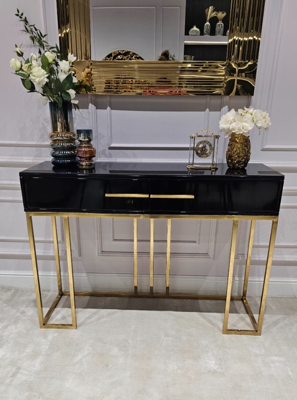 KONSOLA Naomi z dwiema szufladami, czarny połyskujący blat, złoty stelaż, styl glamour 120 cm, piękna