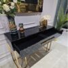 KONSOLA Naomi z dwiema szufladami, czarny połyskujący blat, złoty stelaż, styl glamour 120 cm, premium