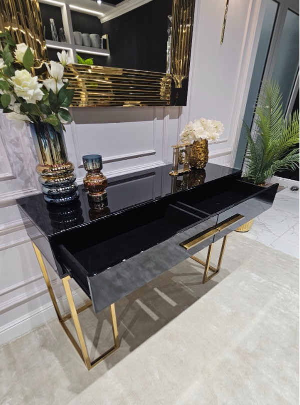 KONSOLA Naomi z dwiema szufladami, czarny połyskujący blat, złoty stelaż, styl glamour 120 cm, premium