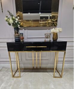 KONSOLA Naomi z dwiema szufladami, czarny połyskujący blat, złoty stelaż, styl glamour 120 cm