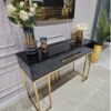 KONSOLA Naomi z dwiema szufladami, czarny połyskujący blat, złoty stelaż, styl glamour 120 cm, wyjątkowa