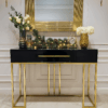 KONSOLA Naomi z dwiema szufladami, czarny połyskujący blat, złoty stelaż, styl glamour, święta