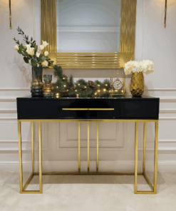 KONSOLA Naomi z dwiema szufladami, czarny połyskujący blat, złoty stelaż, styl glamour, święta