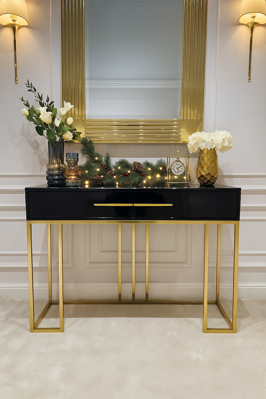 KONSOLA Naomi z dwiema szufladami, czarny połyskujący blat, złoty stelaż, styl glamour, święta