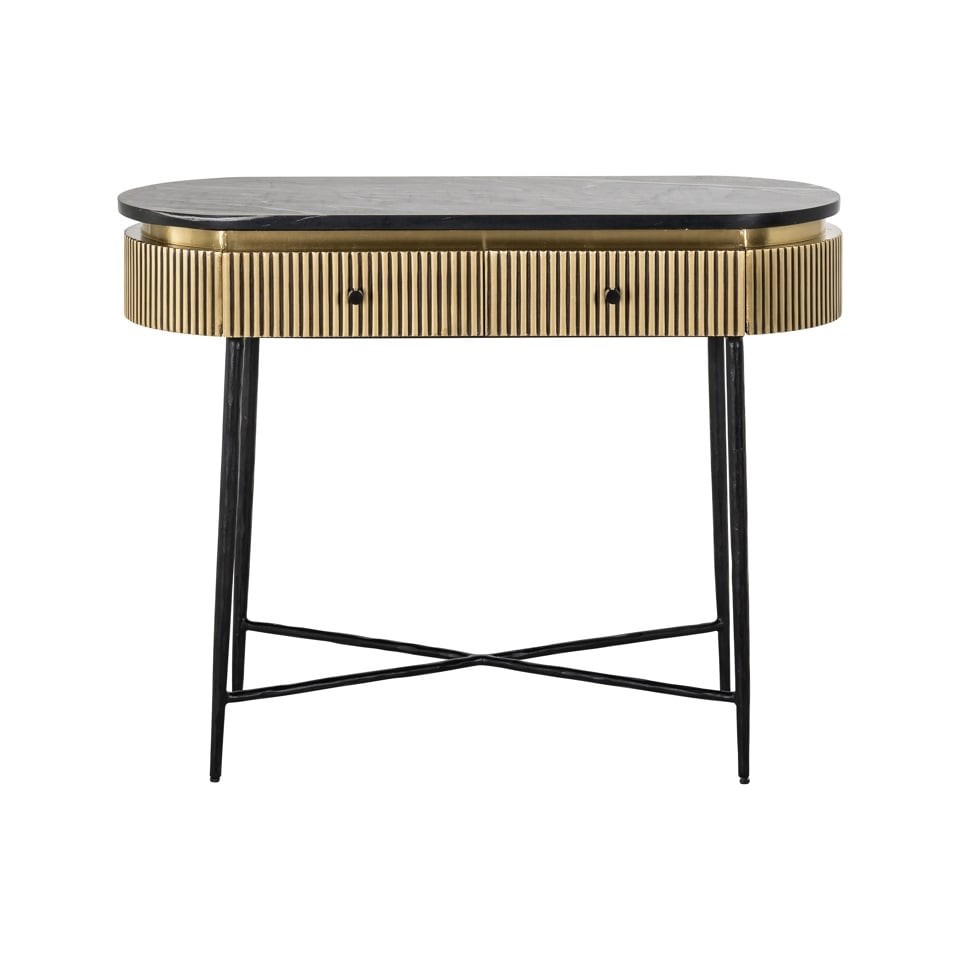 KONSOLA czarny marmurowy blat, czarne nogi, mosiężne detale, styl glamour, do przedpokoju