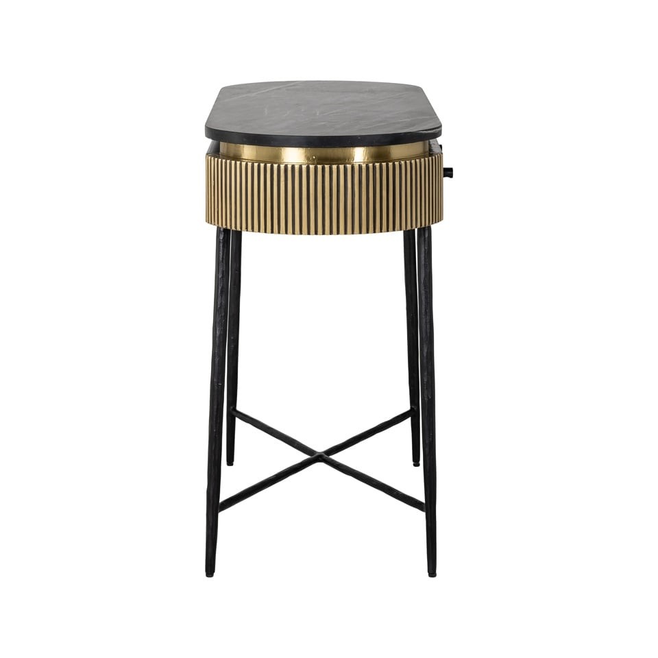 KONSOLA czarny marmurowy blat, czarne nogi, mosiężne detale, styl glamour, ekskluzywna