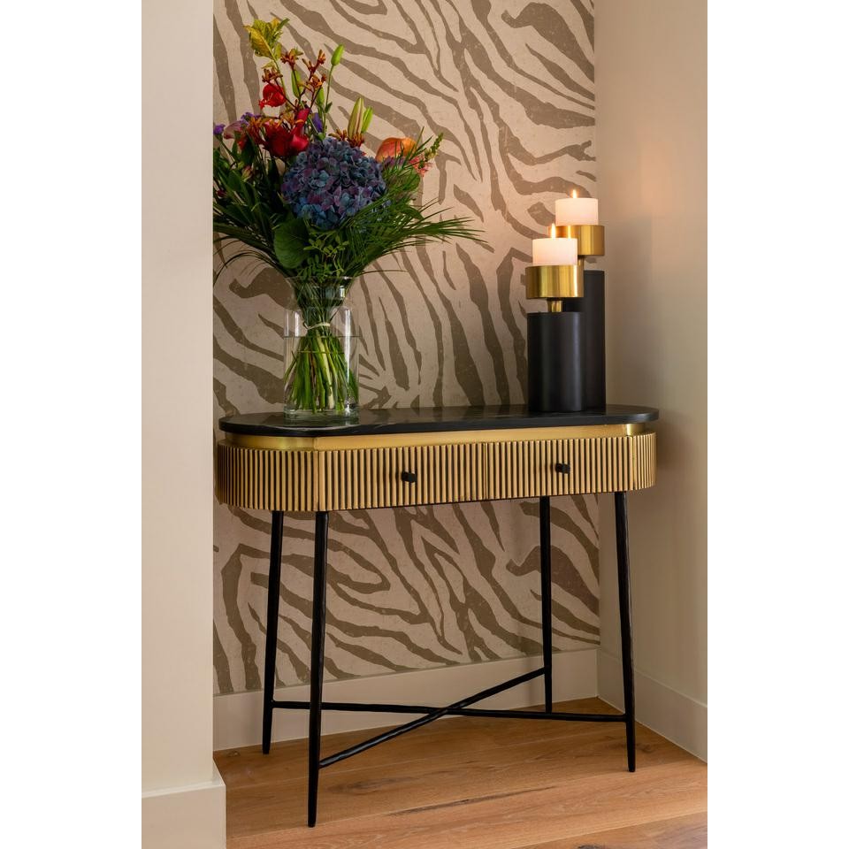 KONSOLA czarny marmurowy blat, czarne nogi, mosiężne detale, styl glamour, piękna