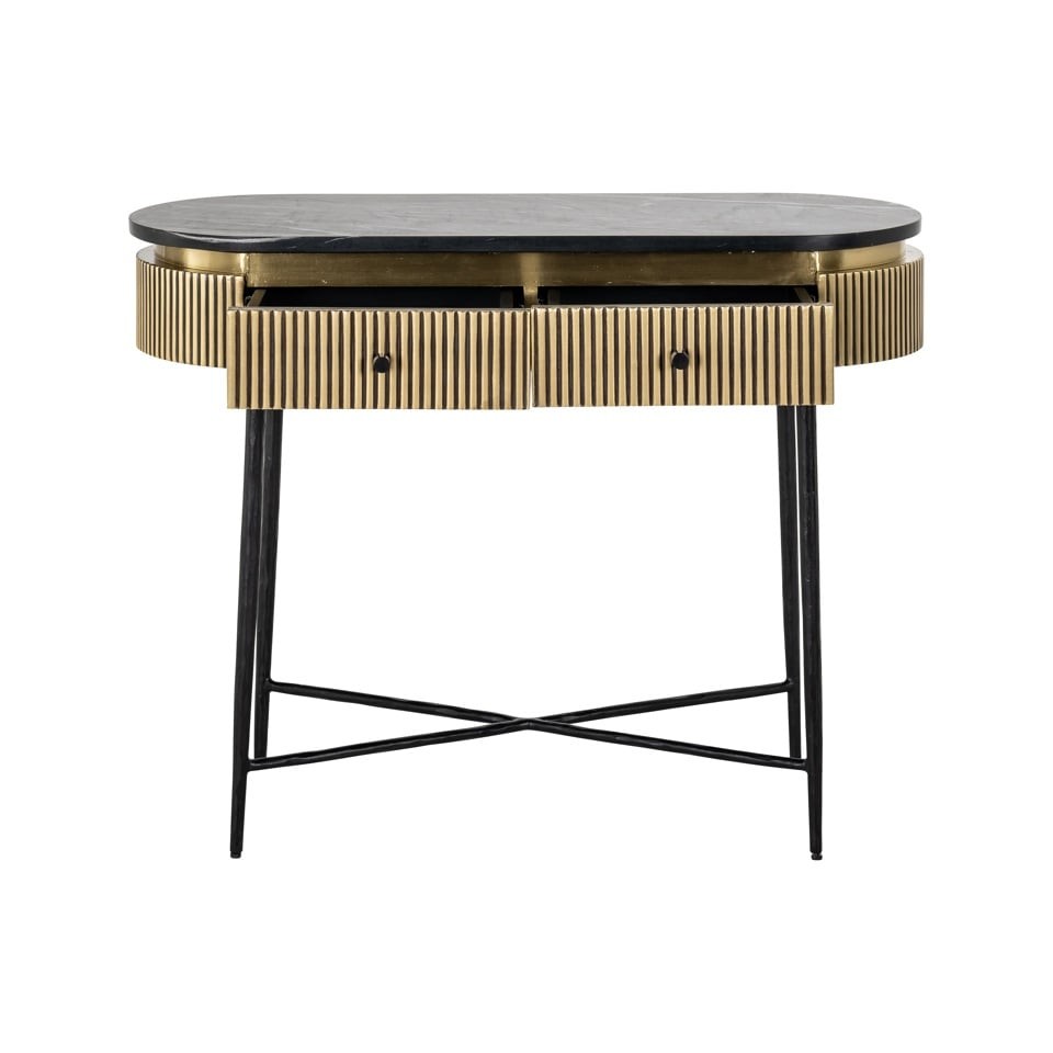 KONSOLA czarny marmurowy blat, czarne nogi, mosiężne detale, styl glamour, wyrafinowana