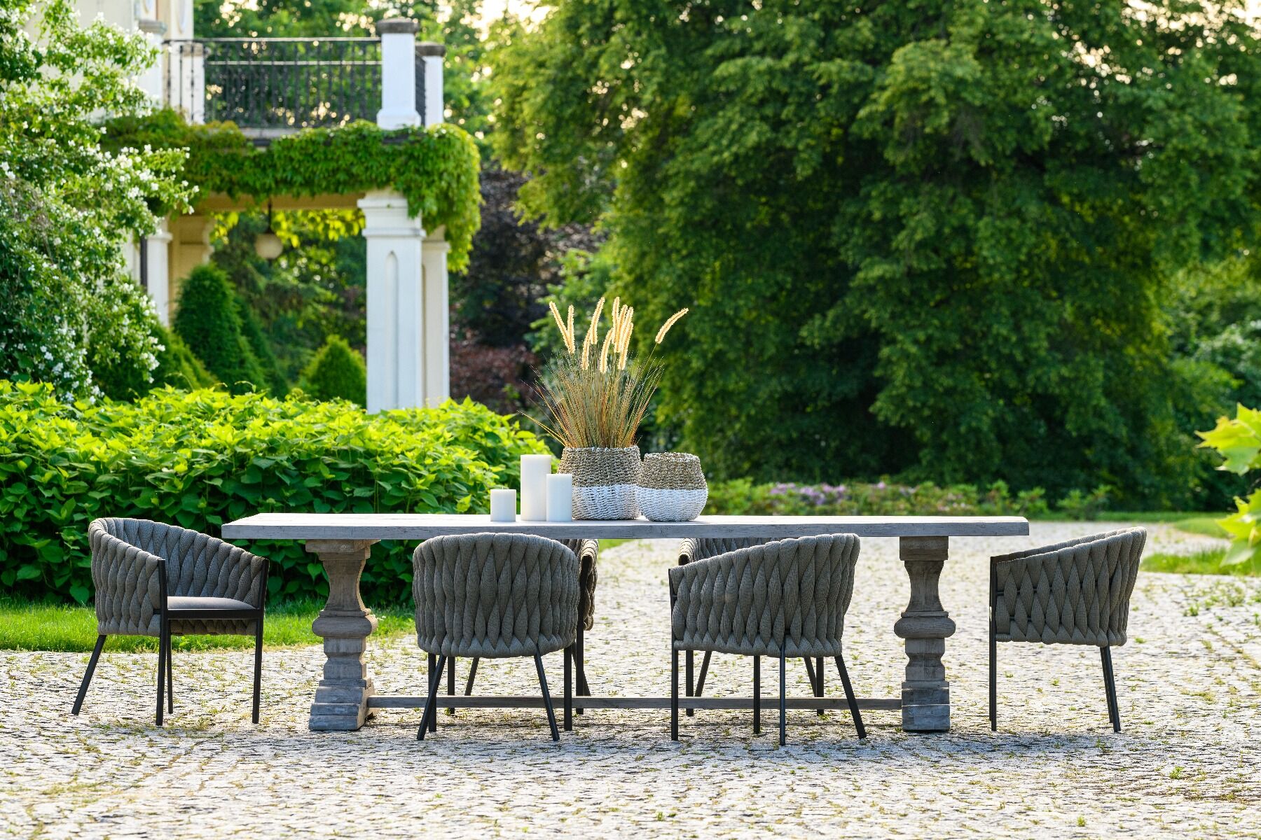 KRZESŁO OGRODOWE antracytowy stelaż, tkanina taupe, nowoczesny styl, zestaw ogrodowy OM005-1