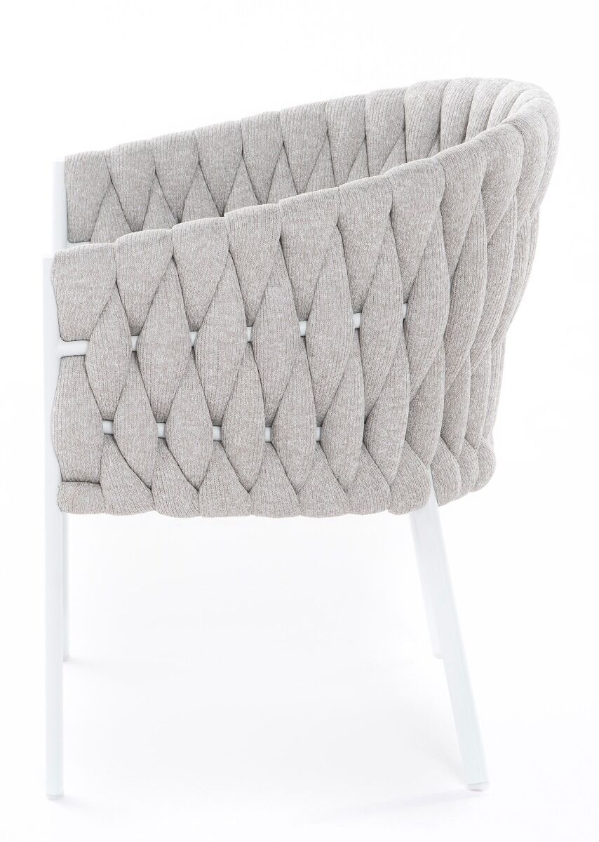 KRZESŁO OGRODOWE na białym stelażu, tkanina Sunbrella w kolorze taupe, nowoczesne, Zestaw ogrodowy OM011-1