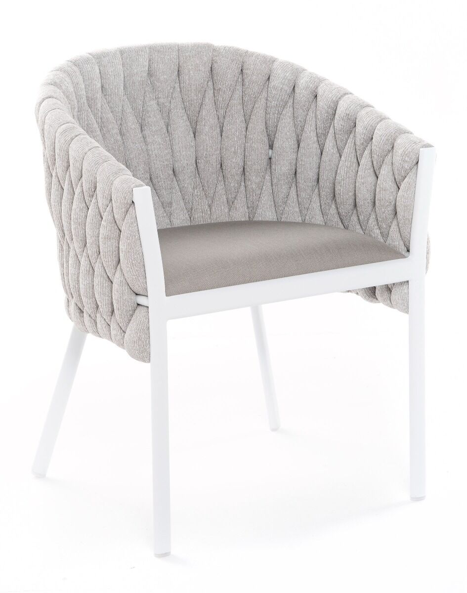 KRZESŁO OGRODOWE na białym stelażu, tkanina Sunbrella w kolorze taupe, nowoczesne, Zestaw ogrodowy OM011, dostojne