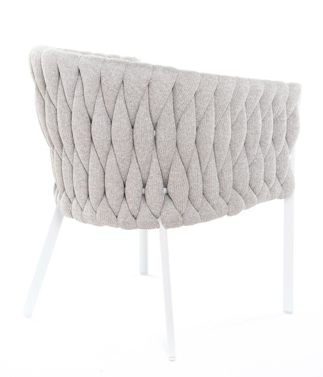 KRZESŁO OGRODOWE na białym stelażu, tkanina Sunbrella w kolorze taupe, nowoczesne, Zestaw ogrodowy OM011, na ogród