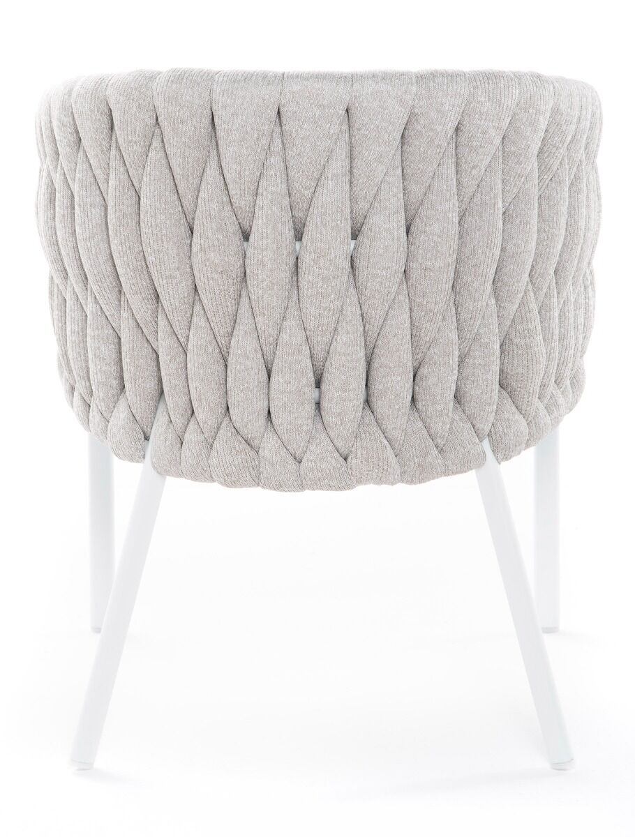 KRZESŁO OGRODOWE na białym stelażu, tkanina Sunbrella w kolorze taupe, nowoczesne, Zestaw ogrodowy OM011, na patio