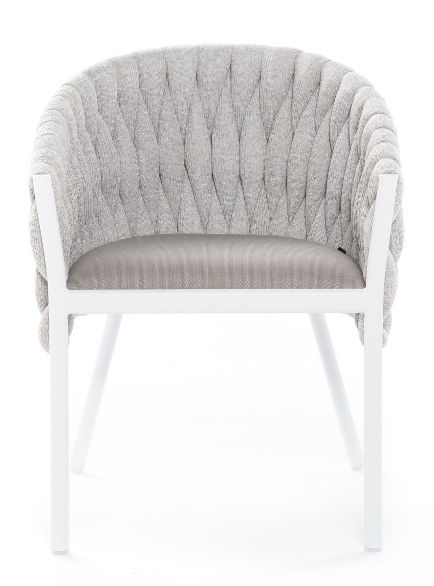 KRZESŁO OGRODOWE na białym stelażu, tkanina Sunbrella w kolorze taupe, nowoczesne, Zestaw ogrodowy OM011, piękne