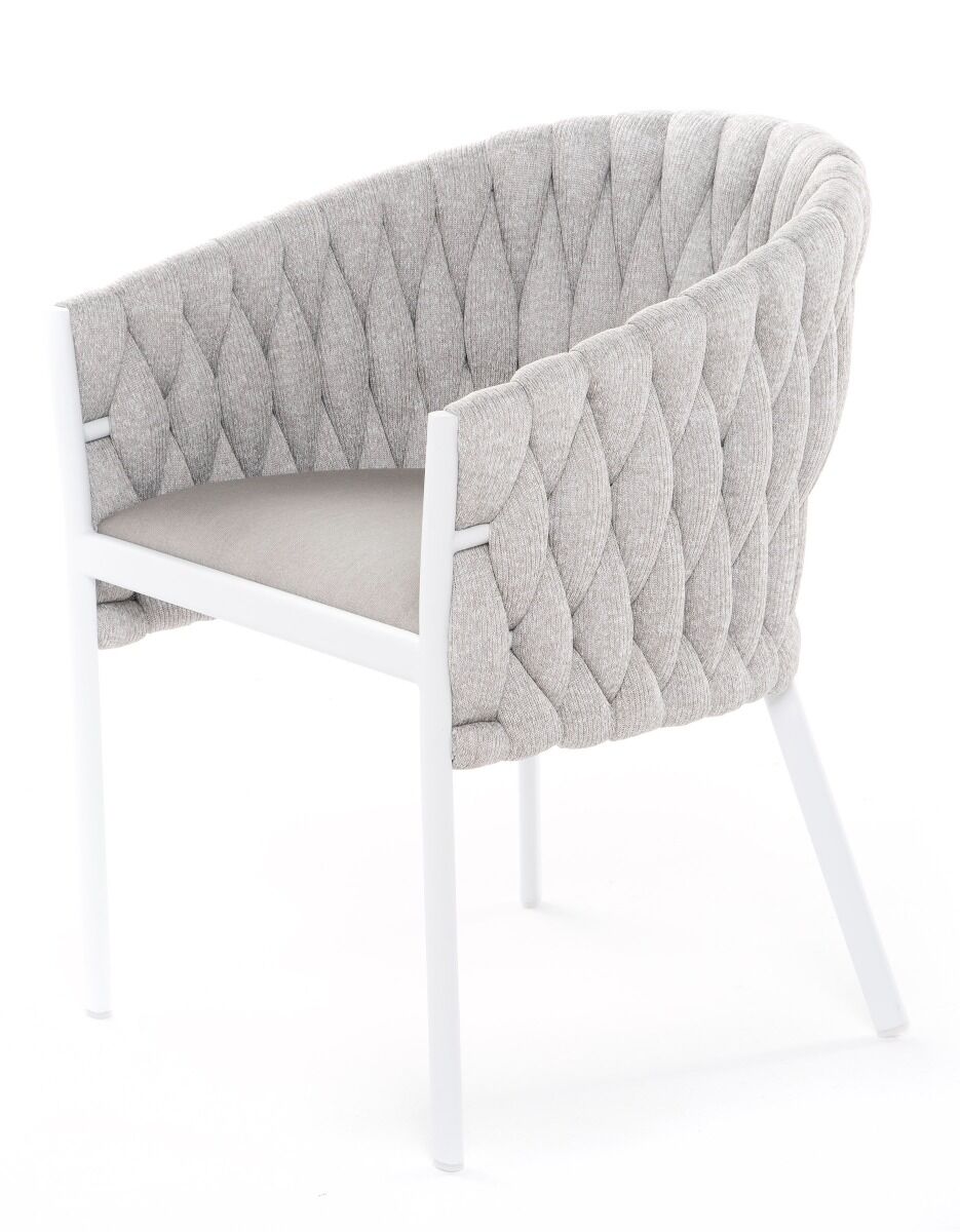 KRZESŁO OGRODOWE na białym stelażu, tkanina Sunbrella w kolorze taupe, nowoczesne, Zestaw ogrodowy OM011, wyjątkowe