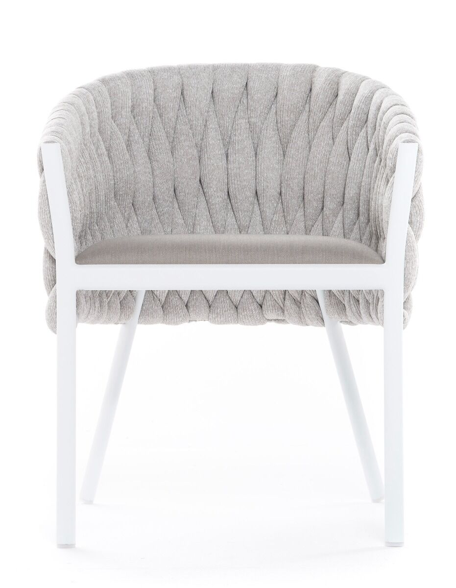 KRZESŁO OGRODOWE na białym stelażu, tkanina Sunbrella w kolorze taupe, nowoczesne, Zestaw ogrodowy OM011, wyrafinowane