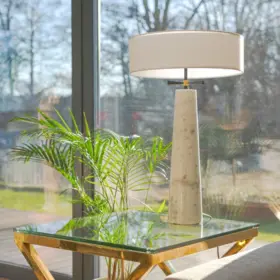 LAMPA STOŁOWA Bow, podstawa z naturalnego marmuru, biały, okrągły abażur