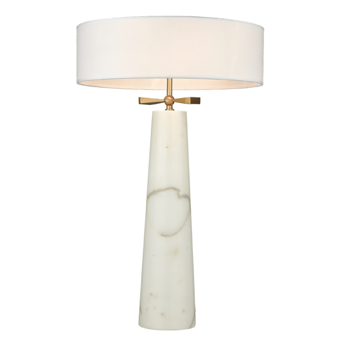 LAMPA STOŁOWA Bow, podstawa z naturalnego marmuru, biały, okrągły abażur, mosiężne detale, wyjątkowa LAMPA STOŁOWA Bow, podstawa z naturalnego marmuru, biały, okrągły abażur, mosiężne detale, wyjątkowa