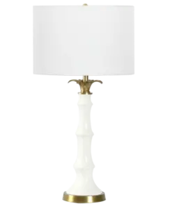 LAMPA STOŁOWA Loboc ceramiczna, biała podstawa, mosiężne, metalowe detale, stylowa
