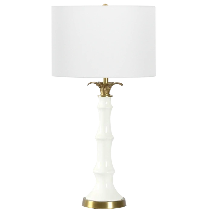 LAMPA STOŁOWA Loboc ceramiczna, biała podstawa, mosiężne, metalowe detale, stylowa