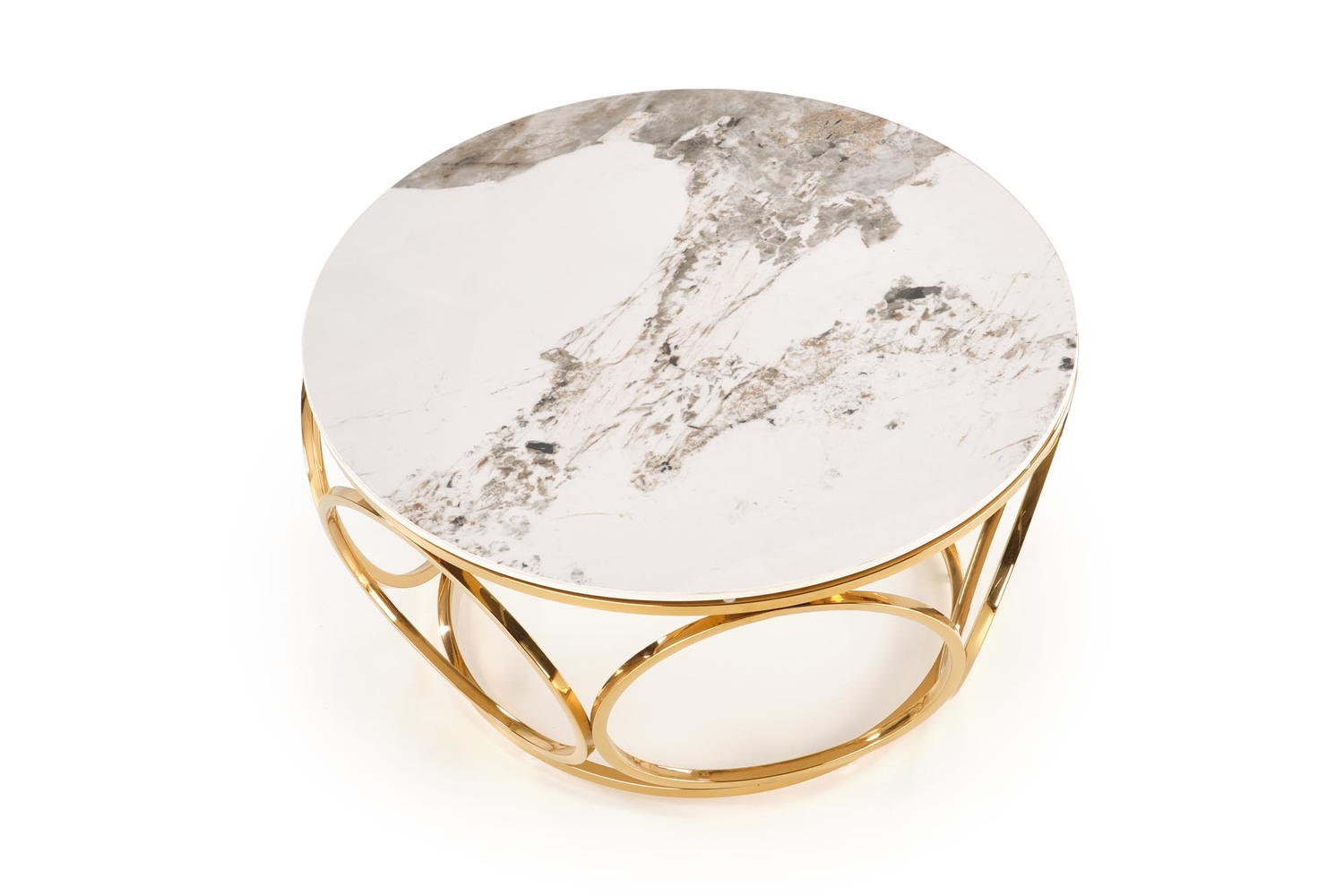 ŁAWA KAWOWA okrągła, złoty stelaż, biały blat ze spieku kamiennego, glamour, ekskluzywna ŁAWA KAWOWA okrągła, złoty stelaż, biały blat ze spieku kamiennego, glamour, ekskluzywna
