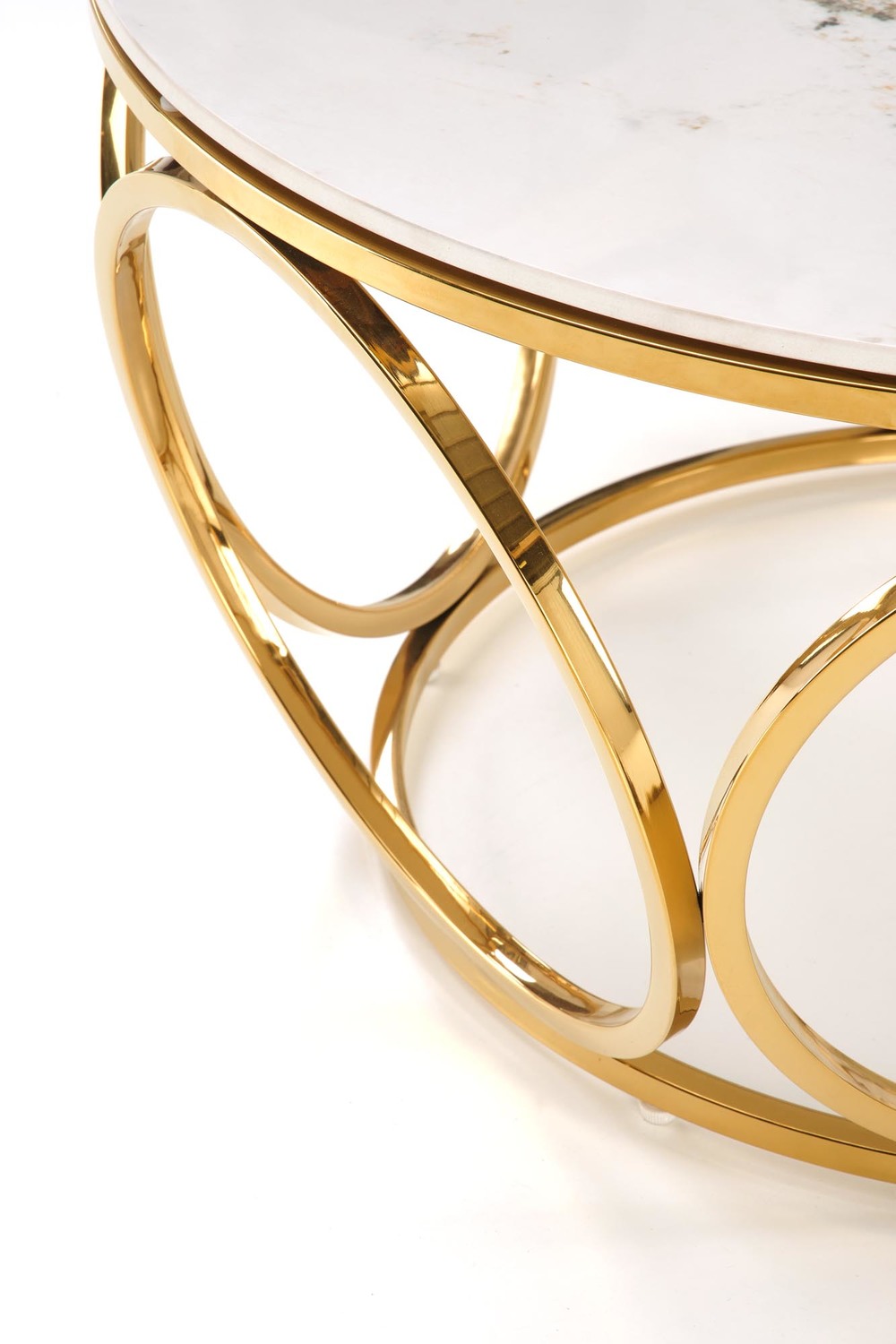 ŁAWA KAWOWA okrągła, złoty stelaż, biały blat ze spieku kamiennego, glamour, elegancka ŁAWA KAWOWA okrągła, złoty stelaż, biały blat ze spieku kamiennego, glamour, elegancka