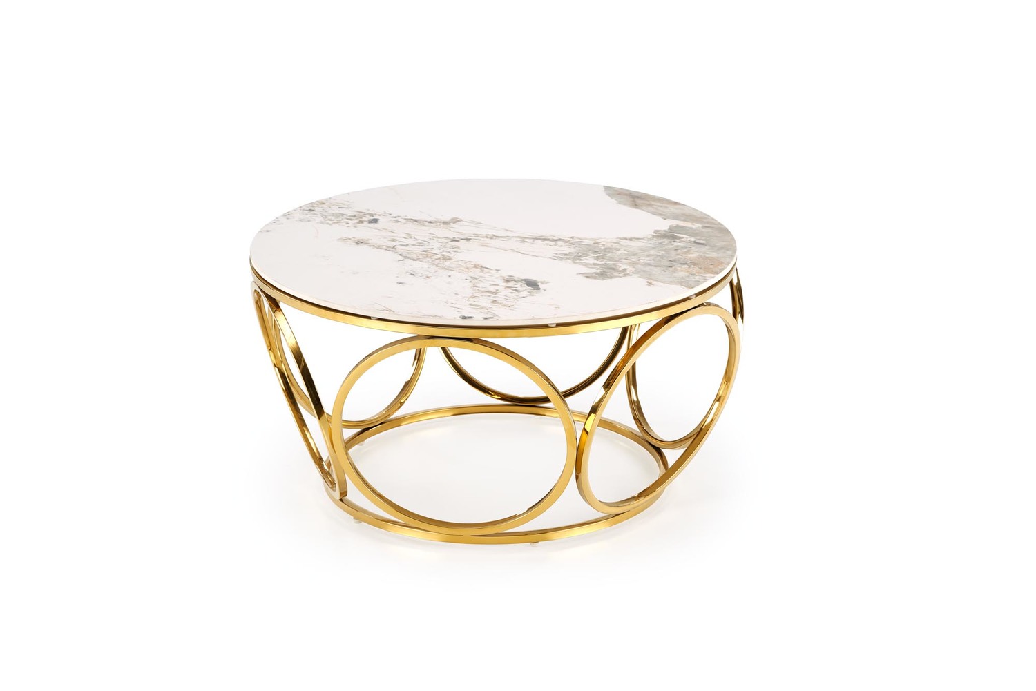 ŁAWA KAWOWA okrągła, złoty stelaż, biały blat ze spieku kamiennego, glamour, piękna ŁAWA KAWOWA okrągła, złoty stelaż, biały blat ze spieku kamiennego, glamour, piękna
