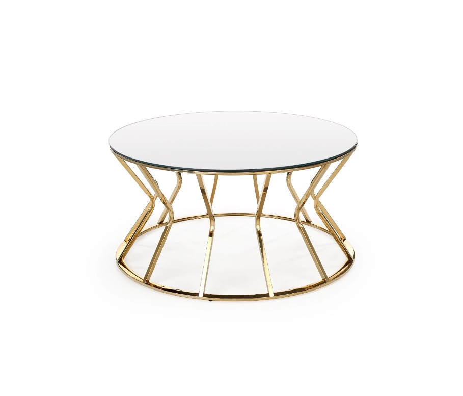 ŁAWA KAWOWA z lustrzanym blatem, złotą profilowaną podstawą, styl glamour