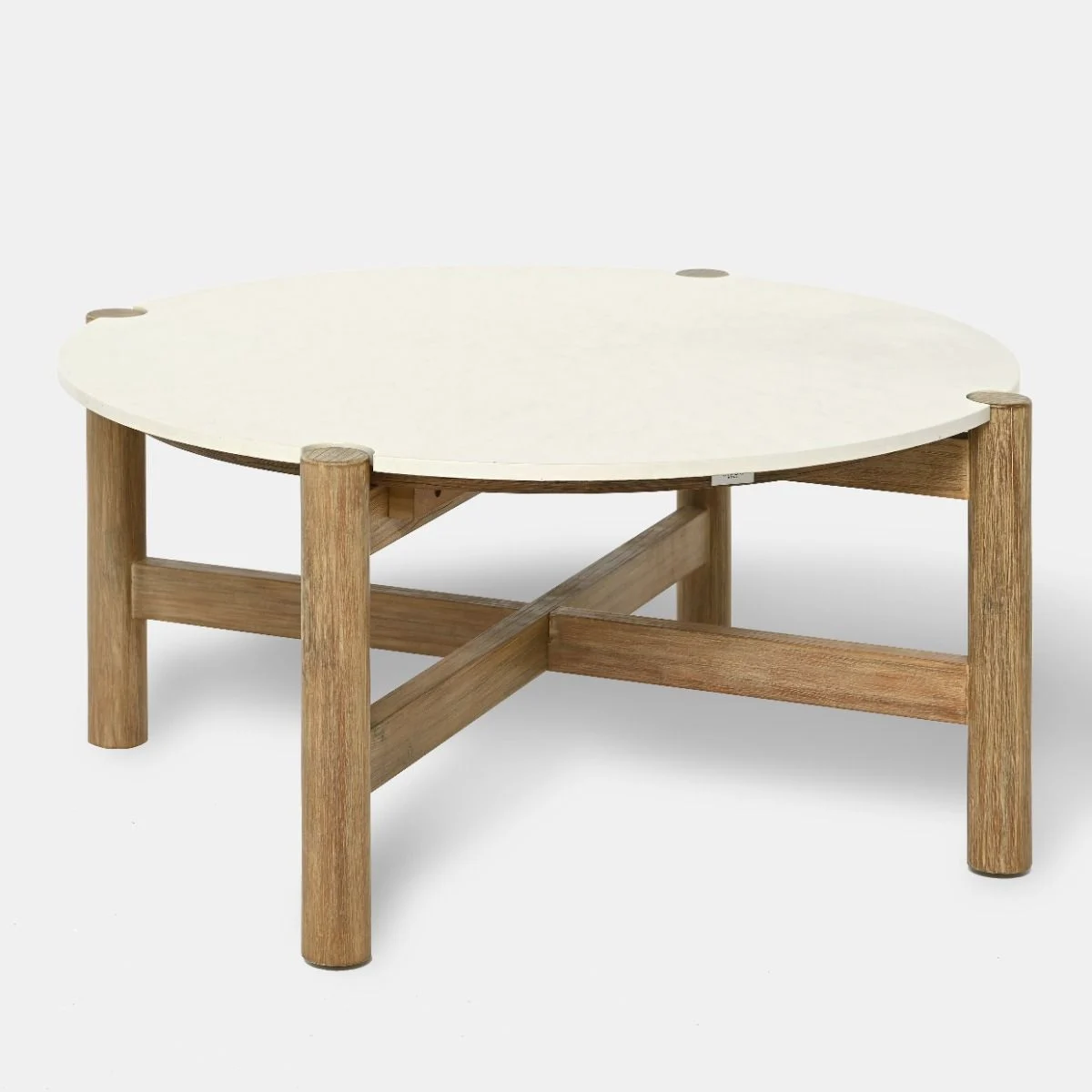 OGRODOWY STOLIK KAWOWY na drewnianym stelażu, beżowy blat z konglomeratu, zestaw ogrodowy OM002, piękny OGRODOWY STOLIK KAWOWY na drewnianym stelażu, beżowy blat z konglomeratu, zestaw ogrodowy OM002, piękny