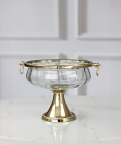 PATERA szklana, okrągła ze złotymi metalowymi detalami, styl glamour