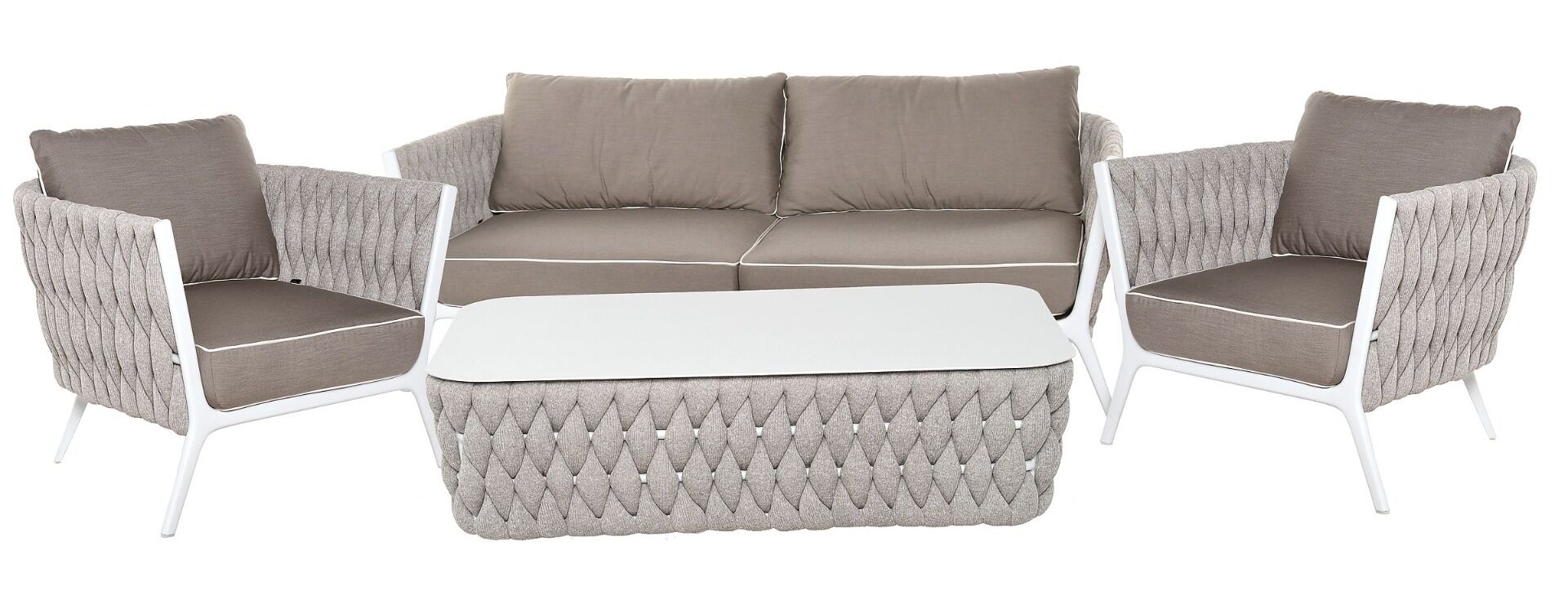SOFA OGRODOWA 2 OSOBOWA biały aluminiowy stelaż, poduszki taupe, nowoczesna, zestaw ogrodowy OM011-2