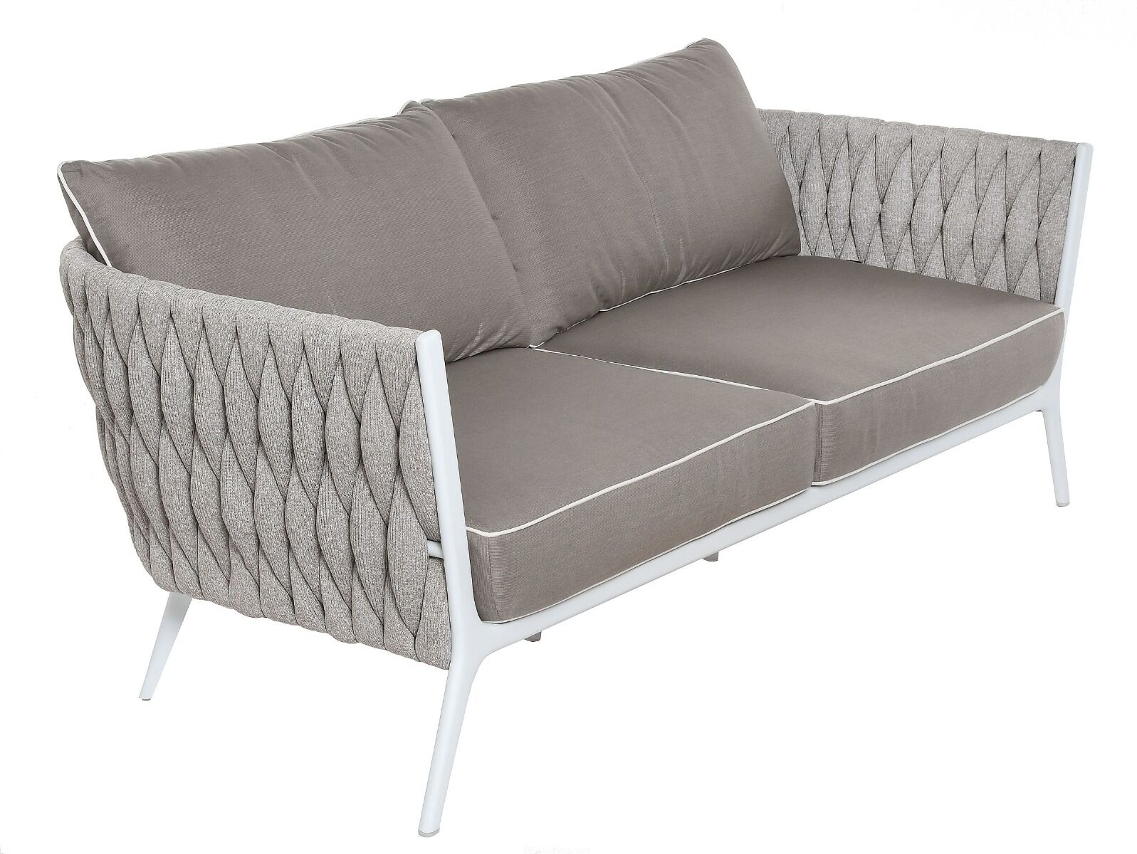 SOFA OGRODOWA 2 OSOBOWA biały aluminiowy stelaż, poduszki taupe, nowoczesna, zestaw ogrodowy OM011, ekskluzywna