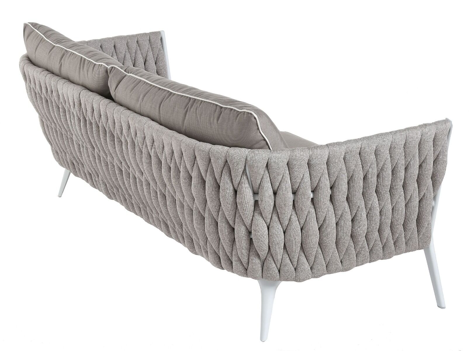 SOFA OGRODOWA 2 OSOBOWA biały aluminiowy stelaż, poduszki taupe, nowoczesna, zestaw ogrodowy OM011, na taras