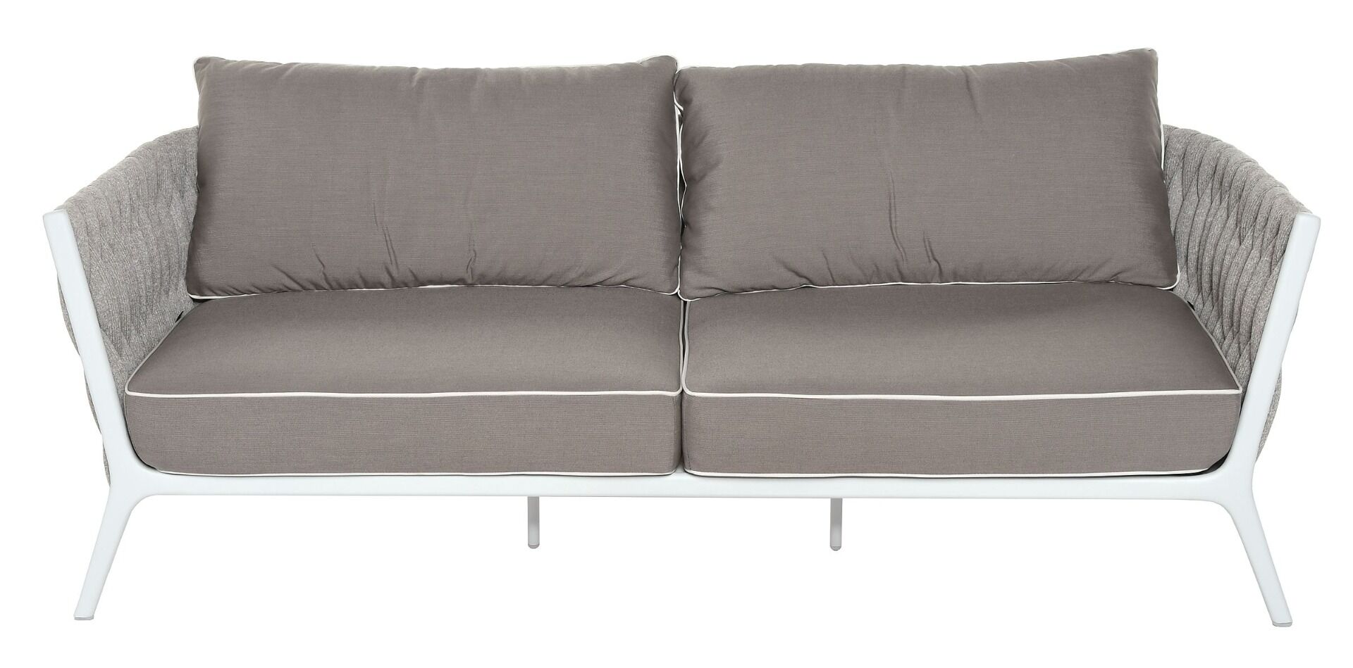 SOFA OGRODOWA 2 OSOBOWA biały aluminiowy stelaż, poduszki taupe, nowoczesna, zestaw ogrodowy OM011, piękna