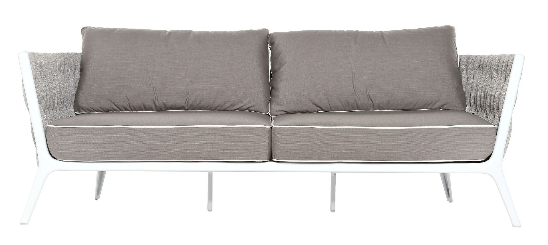 SOFA OGRODOWA 2 OSOBOWA biały aluminiowy stelaż, poduszki taupe, nowoczesna, zestaw ogrodowy OM011, wyjątkowa