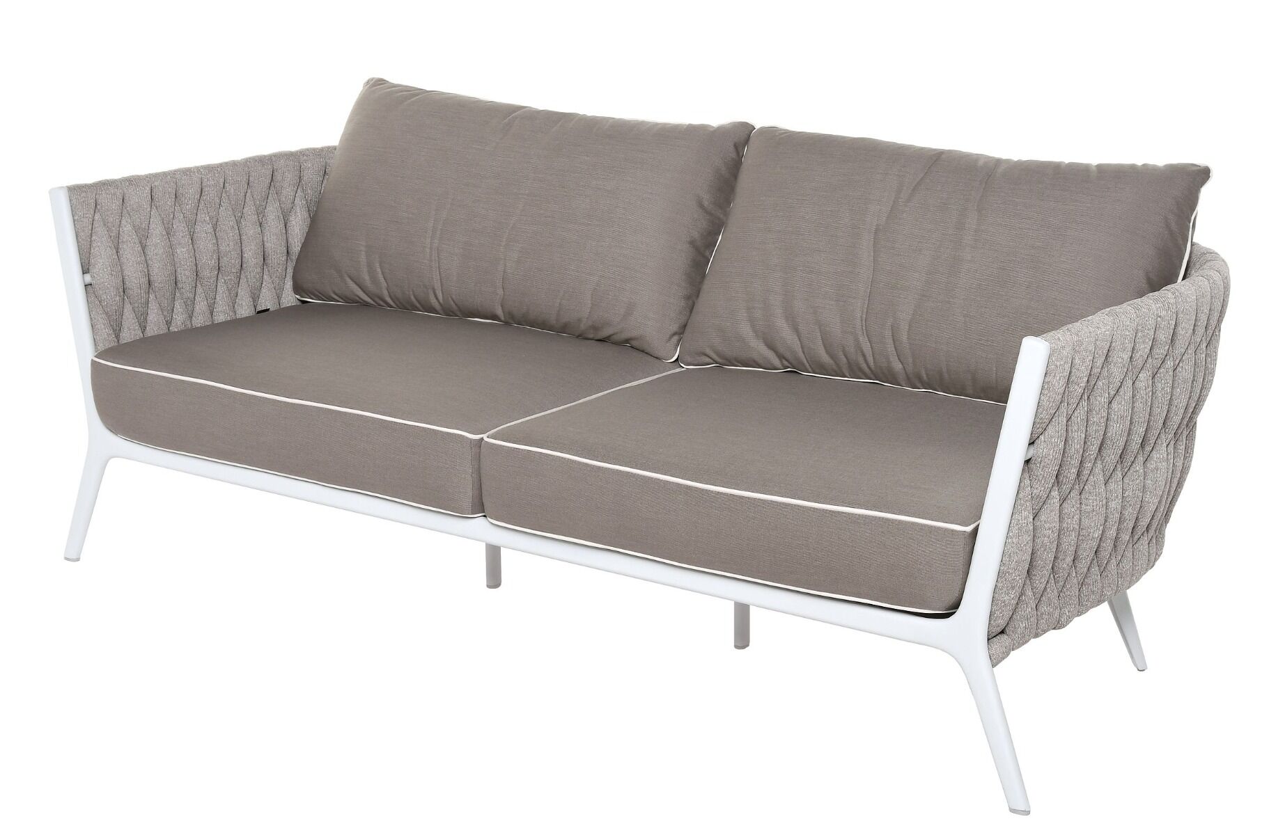 SOFA OGRODOWA 2 OSOBOWA biały aluminiowy stelaż, poduszki taupe, nowoczesna, zestaw ogrodowy OM011